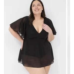 Lane Bryant 20 Mesh Flutter Sleeve No-Wire Swim Dress Black Plus NWT